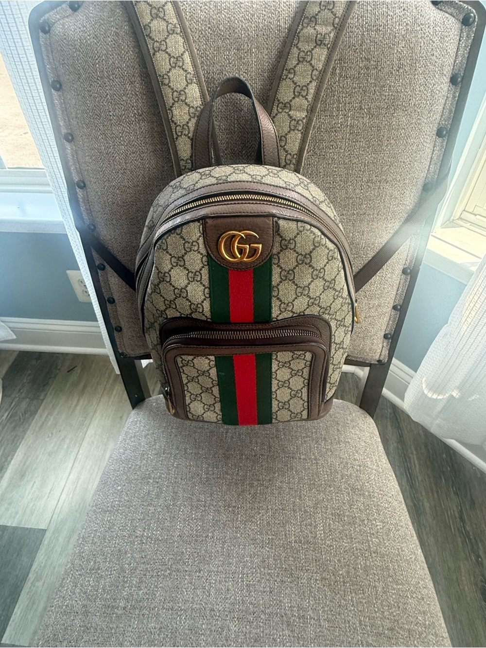 Gucci Beige/Brown GG Supreme Backpack with Green and Red Web Stripe